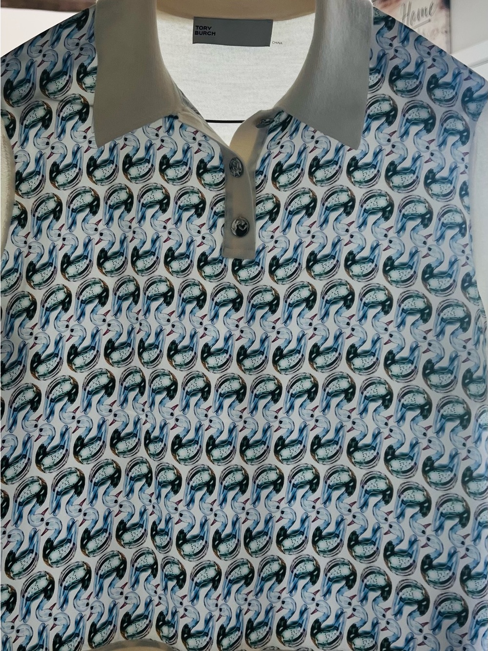 Tory Burch Cream and Blue Patterned Polo - Picture 4 of 4